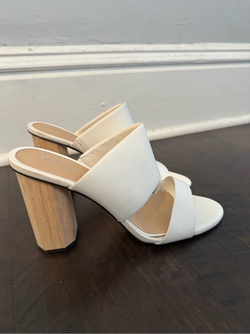Gianni Bini Cream Slide Mules with Wood-Effect Block Heel